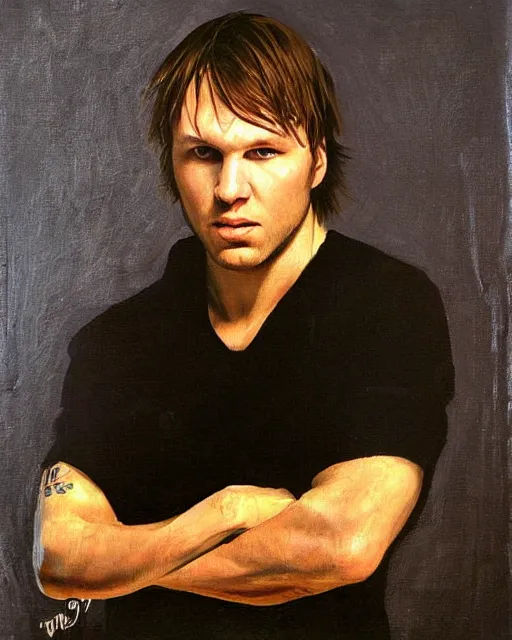 Prompt: Jon Moxley portrait oil painting by Caravaggio, chiaroscuro,