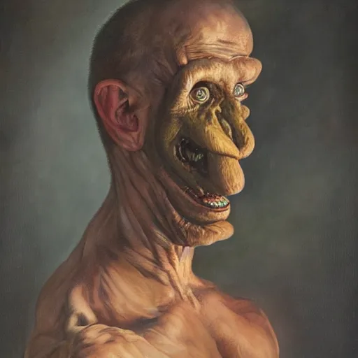 Image similar to oil painting by christian rex van minnen portrait of an extremely bizarre disturbing mutated man with intense chiaroscuro lighting perfect composition masterpiece intense emotion