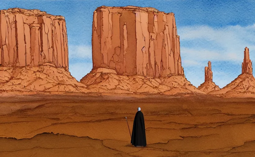 Image similar to a hyperrealist watercolor concept art of a medieval monk in grey robes in monument valley with futuristic cities on each rock formation. golden hour. very muted colors, by rebecca guay, michael kaluta, charles vess. high detail, hq, wide shot, 4 k