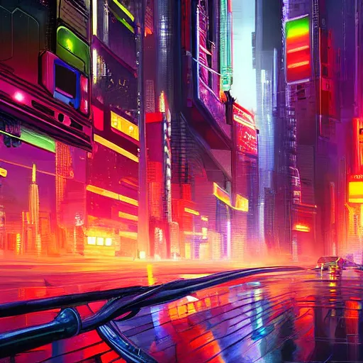 Prompt: a beautiful extremely complex painting of as cyberpunk street digital painting