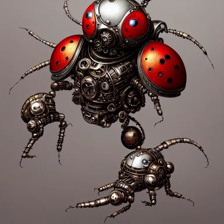 Image similar to portrait shot of a steampunk robot ladybug, unreal engine realistic render, 8 k, micro detail, intricate, elegant, highly detailed, centered, digital painting, artstation, smooth, sharp focus, illustration, artgerm, tomasz alen kopera, peter mohrbacher, donato giancola, joseph christian leyendecker, wlop, boris vallejo