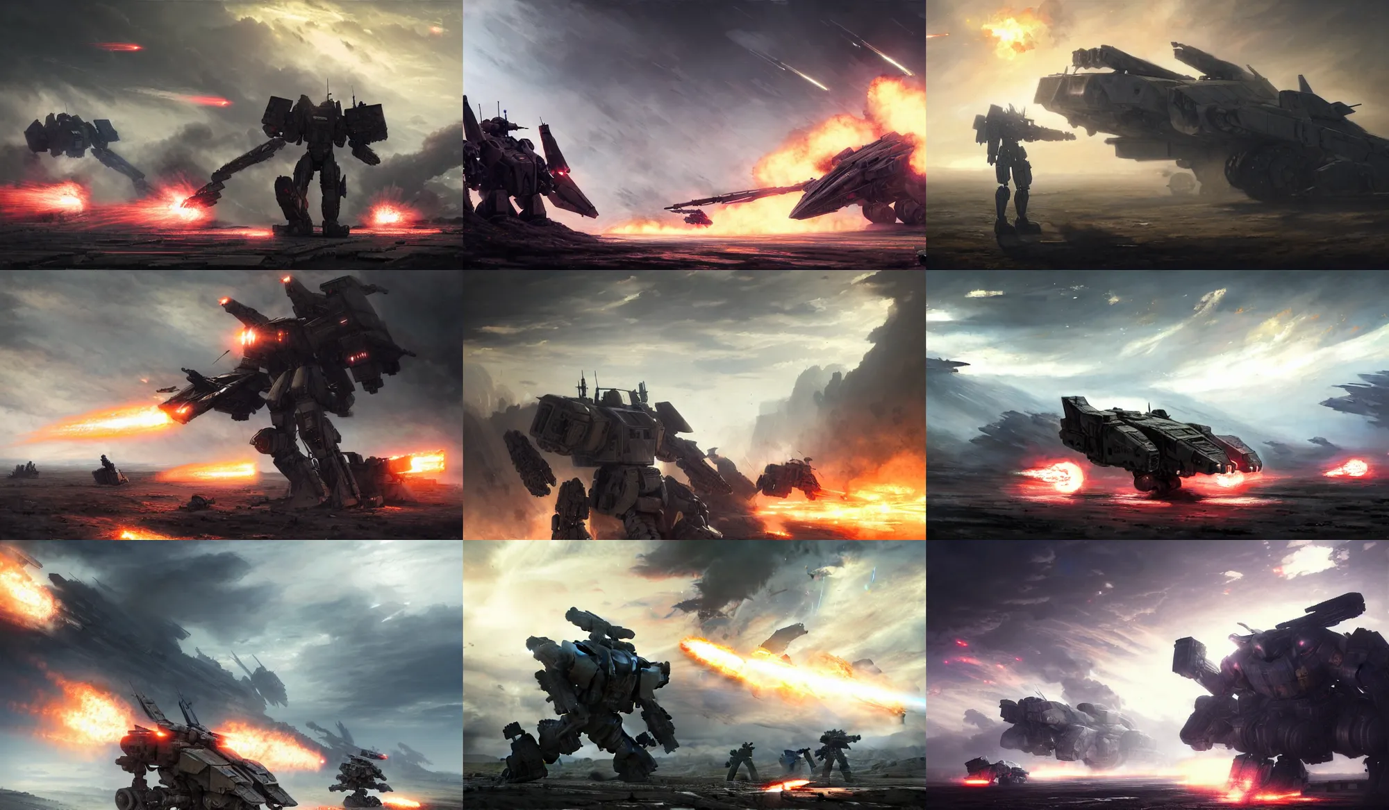 Image similar to an armored core on the ground, booster flares, legs, crossfire, karst landscape, clouds, daylight ; detailed illustrations, pastel tones, deep colors, clear lines, motion blur, by jordan grimme, greg rutkowski