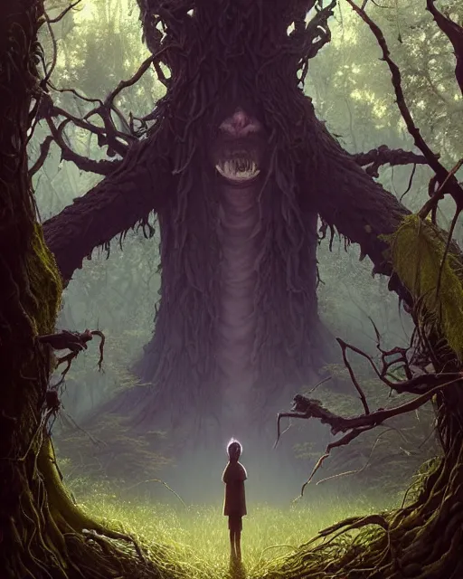 Image similar to highly detailed surreal vfx portrait of a cursed monster in a shadowy forest by a willow tree, stephen bliss, unreal engine, greg rutkowski, loish, rhads, beeple, makoto shinkai and lois van baarle, ilya kuvshinov, rossdraws, tom bagshaw, alphonse mucha, global illumination, detailed and intricate environment