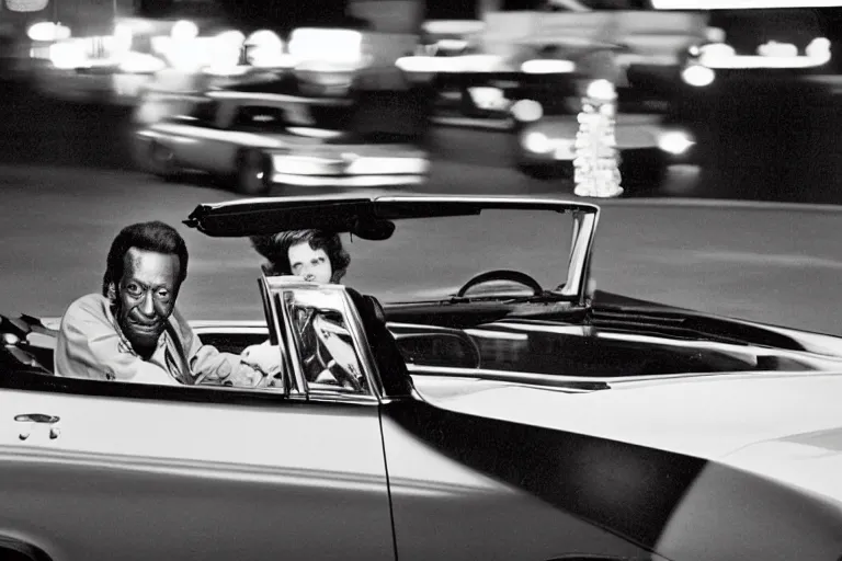 Prompt: Color photograph of Chuck Berry behind the wheel of a red convertible 1968 Converible Eldorado with a white interior on the Las Vegas Strip at night, award winning photograph by Annie Liebowitz and Herman Leonard