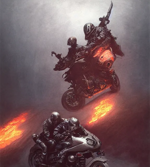 Prompt: motorbikers race in hell, beksinski, age of sigma art, frank frazetta, ruan jia, dark soul armor concept, trending on artstation, wayne barlowe, adrian smith fantasy art, elden ring art, the hobbit art, lord of the ring art, infinity blade armor