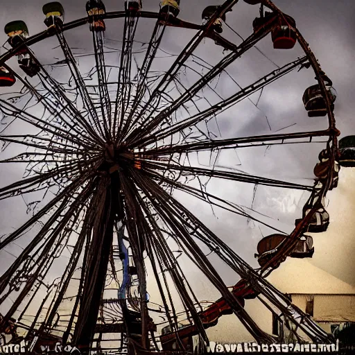 Image similar to an old abandoned rusty ferris wheel, in a town filled with pale yellow mist. Dystopian. Award-winning colored photo. OM system 12–40mm PRO II 40mm, 1/100 sec, f/2 8, ISO 800