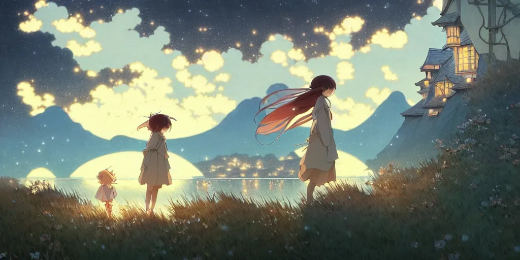 Prompt: the girl and the flying lanters. anime visual of a cozy village, by the lake at night, fireflies,. by hayao miyazaki and rossdraws and artgerm and greg rutkowski and alphonse mucha. anime production by studio ghibli. high quality, stunning, intricate detailed environment. 8 k