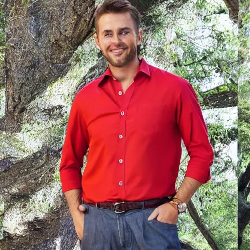 Prompt: fashion catalog photo of a man wearing a red shirt and green jeans