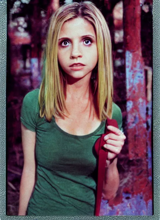 Prompt: Whole body and face wide shot of buffy the vampire slayer in an abandoned trailer park, polaroid clear, colorful image