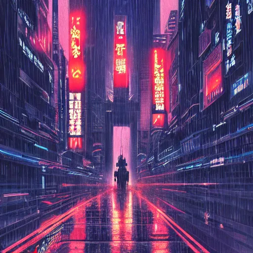 Image similar to high detailed cyberpunk rainy city at night with a torii in the background by Syd Mead, high quality, 4K, UHD, trending on ArtStation, blade runner vibes, ghost in the shell