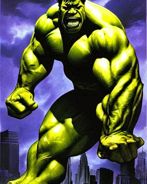 Image similar to a portrait of the incredible hulk looking angry in new york city by alex ross dramatic lighting.