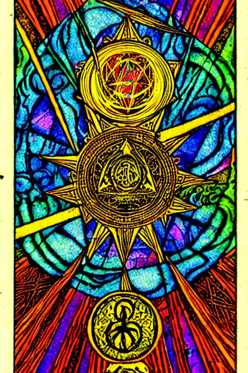 Image similar to a tarot card that reads lsd is good, psychedelic, old, paper texture, da vinci code, geometry, mushrooms