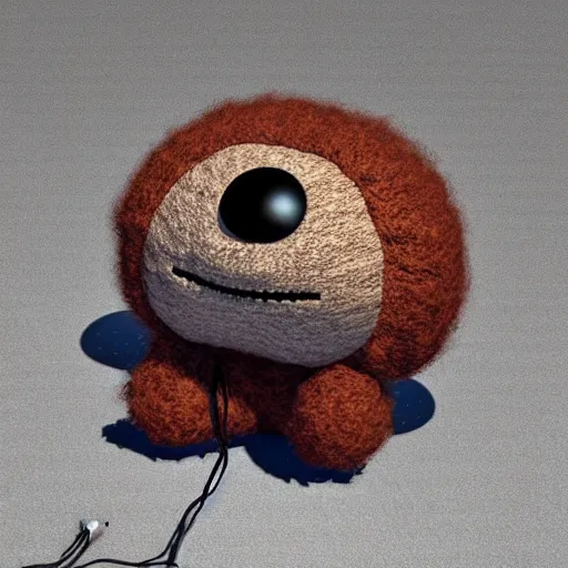 Image similar to cute fluffy sackboy cuddling a woolen earth, magical sparks flying around it in circles, 3d rendered, Ultra HD