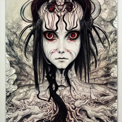 Image similar to prompt: Demon girl face painted in William Blake style drawn by Vania Zouravliov and Takato Yamamoto, intricate oil painting, high detail, Neo-expressionism, post-modern gouache marks on the side, gnarly details soft light, white background, intricate detail, intricate ink painting detail, sharp high detail, manga and anime 2000