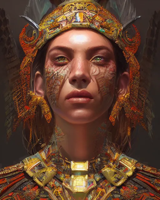 Prompt: ultra realistic stunning mayan warrior, fantasy, intricate, elegant, highly detailed, digital painting, artstation, concept art, smooth, sharp focus, symmetric, illustration, edge highlights, beautiful light and shadows, art by krenz cushart and greg rutkowski and sachin teng and sergey kolesov and ruan jia and heng z