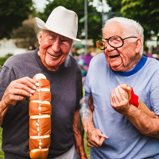 Image similar to elderly men fighting over a hotdog, 🌭, canon eos r 3, f / 1. 4, iso 2 0 0, 1 / 1 6 0 s, 8 k, raw, unedited, symmetrical balance, wide angle