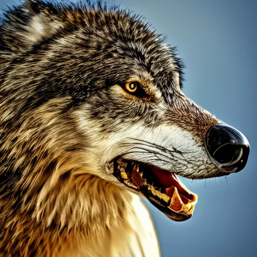 Image similar to a wolf eagle!!! hybrid! bold natural colors, masterpiece, trending on artstation, photograph, national geographic, wildlife photographer of the year