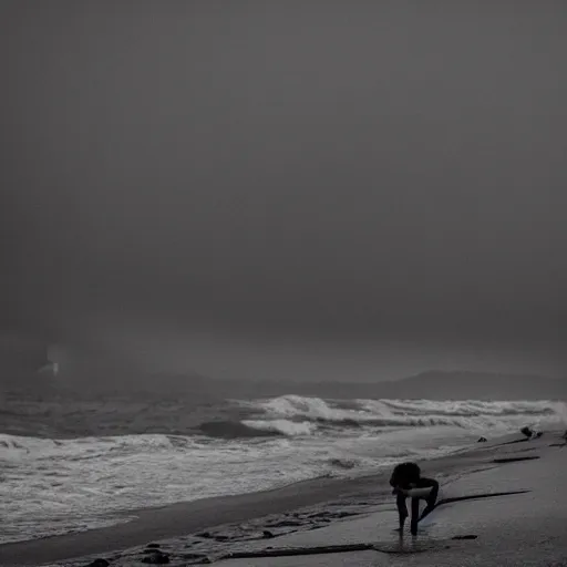 Prompt: guy crying on the beach of vernazzola genova alone. rain. dark. night. broken heart.