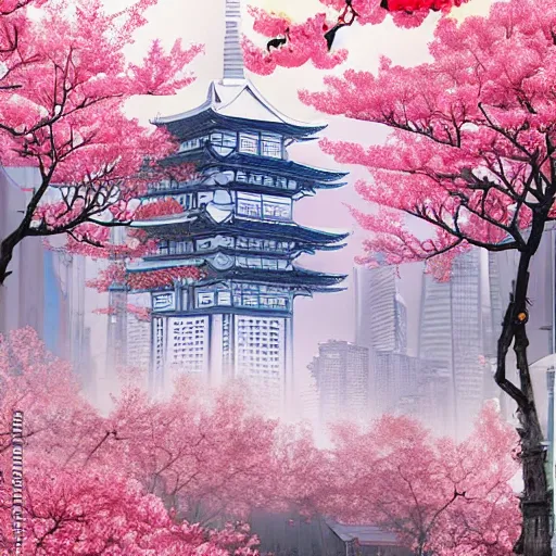 Prompt: futuristic shanghai full of sakura, chinese painting, highly detailed