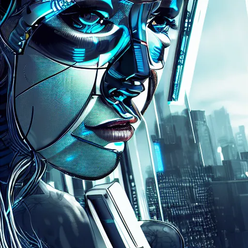 Image similar to cyberpunk face, cyborg, raytracing, depth of field, 80mm focus length, futuristic digital art