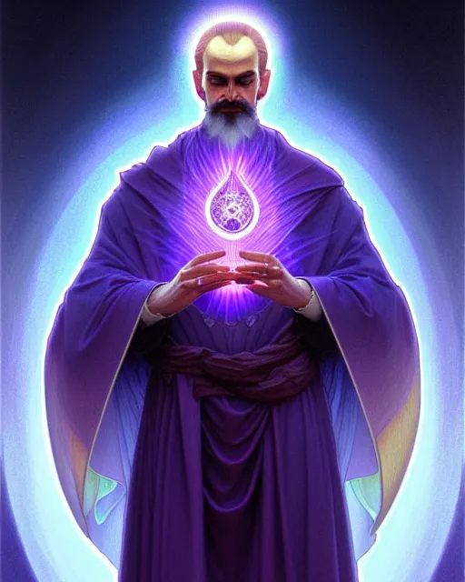 Image similar to portrait of saint germain, he is holding the violet purple indigo flame, completely violet colored, intricate, elegant, highly detailed, digital painting, artstation, concept art, smooth, sharp focus, illustration, art by artgerm and greg rutkowski and fra angelico and alphons mucha