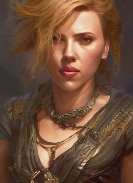 Prompt: portrait of scarlett johansson as a pirate, hyper detailed, digital art, trending in artstation, cinematic lighting, studio quality, smooth render, unreal engine 5 rendered, octane rendered, art style by klimt and nixeu and ian sprigger and wlop and krenz cushart.