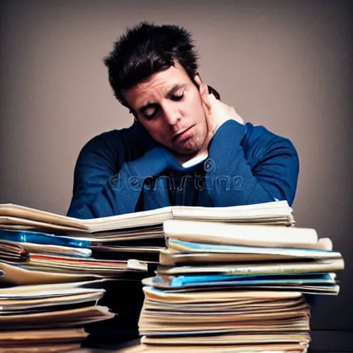 Image similar to exhausted man surrounded by stacks of papers and books, stock photo