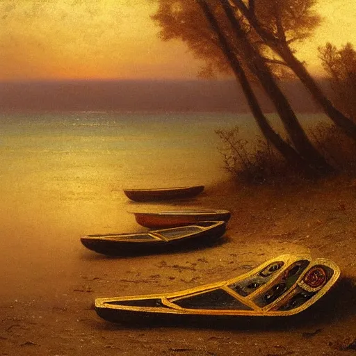 Image similar to An 1858 detailed oil painting of lost paddles on a primeval New England beach, by Albert Bierstadt. Misty, beautiful, natural, golden light.