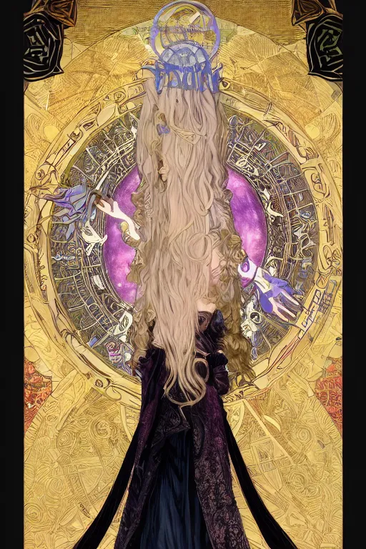 Image similar to tarot card, 4k HD digital full body portrait of beautiful regal elven king, long white hair, black paper, vivid colors, wheel of sigils in the background, by Alphonse Mucha, Craig Mullins, Marc Simonetti, Artstation