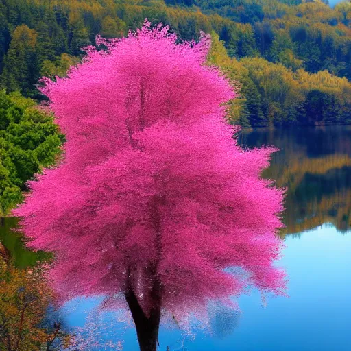 Prompt: Pink tree beside a large lake, landscape in the style of the lego movie