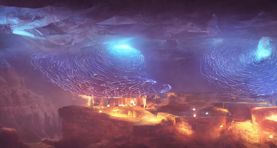 Image similar to night, a lot of people and a spiral - shaped white luminous attractor is floating in grand canyon, concept art, art for the game, professional lighting, art