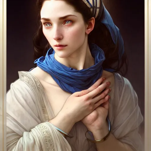 Image similar to Portrait of a female cleric wearing a kerchief covering her ears. She has blue eyes, black hair, porcelain skin, full lips, high slanted cheekbones. Fantasy art by artgerm and greg rutkowski and alphonse mucha, intricate, elegant, highly detailed, digital painting, concept art, illustration, award winning on artstation, D&D, AD&D.