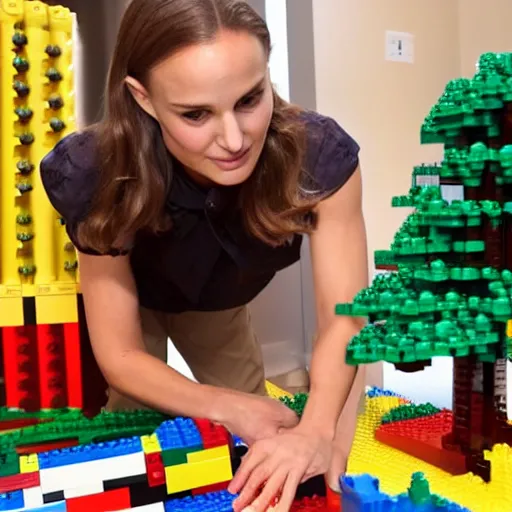 Prompt: Natalie Portman building a giant tree of LEGO