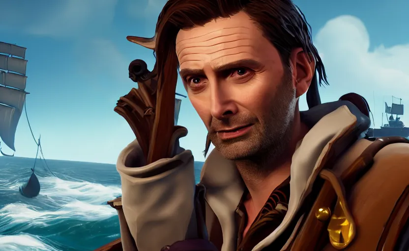 Prompt: david Tennant as a pirate on the ship in the Sea of thieves, long shot, epic composition, ultra detailed,, trending on Artstation, 8k, game screenshot, wallpaper, hyperrealistic