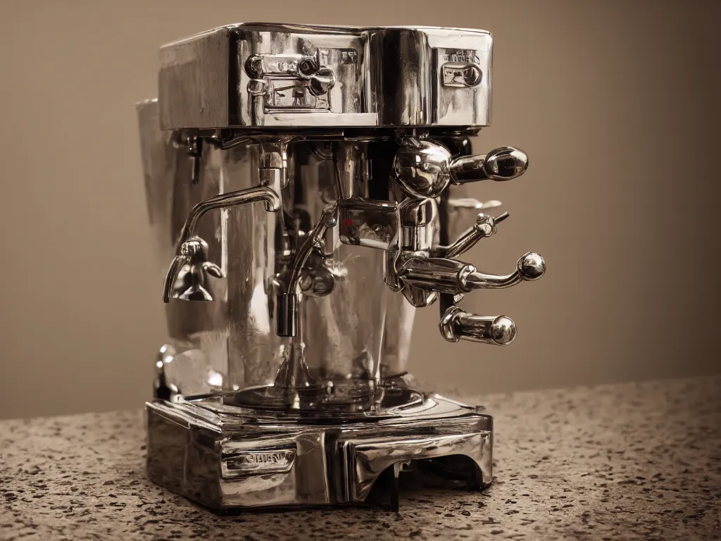 Image similar to photography of a historic coffee machine, by louis daquerre, product photography, small depth of field, fresh colors, trending on artstation