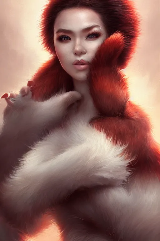 Image similar to a detailed portrait of a beautiful woman with ( red panda ) features, in professional makeup, dramatic lighting, by artgerm, ross tran, greg rutkowski, 4 k, trending on artstation