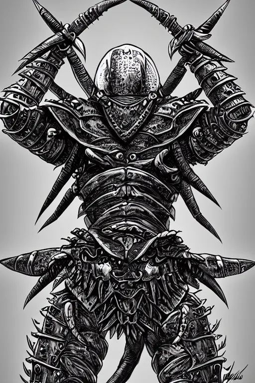 Image similar to human warrior, crab themed armour, crab claws symmetrical, highly detailed, digital art, needles, sharp focus, trending on art station, kentaro miura manga art style