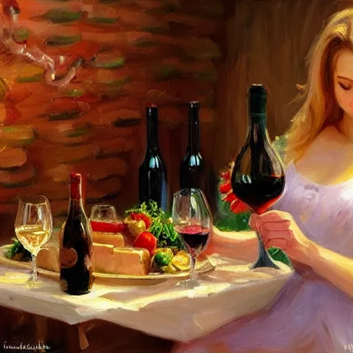 Image similar to pretty blonde beautiful woman in a wine cellar, elegant, red wine, meat, cheese, sausages, torches light the wall, impressionism, painting by Vladimir Volegov