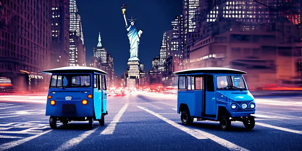 Image similar to an open frame blue tuk tuk going through a desolate manhattan city street at night, statue of liberty seen in the background, realistic 4 k octane beautifully detailed render, 4 k post - processing, highly detailed, detailed face, intricate complexity, epic composition, magical atmosphere, cinematic lighting, masterpiece, color picture, ultra hd