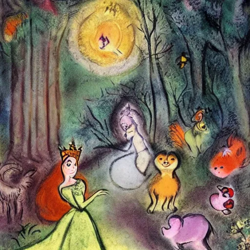 Image similar to A detailed mixed media art of Princess Aurora singing in the woods while animals look on. The colors are light and airy, with a hint of mystery in the shadows. The overall effect is dreamlike and fairy-tale like. by Walt Disney, by Marc Chagall