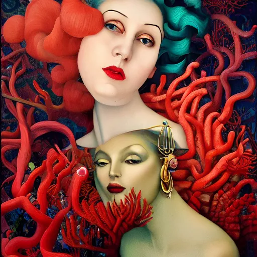 Prompt: dynamic composition, a painting of a woman with hair of seaweed and ( brightly - colored - corals ), wearing ornate earrings, a surrealist painting by tom bagshaw and jacek yerga and tamara de lempicka and jesse king, underwater, featured on cgsociety, pop surrealism, surrealist, dramatic lighting, pre - raphaelite, ornate gilded details