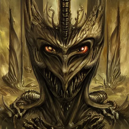 Prompt: Giger portrait of the dragon queen, Dragon in dragon lair, HD, full body dragon concept, flying dragon, Human body with dragon features, ray tracing, 4k realistic 3d rendered portrait, soft shading, soft colors, relaxed colors, hyperdetailed, wide angle lens, fantasy, futuristic horror, style of giger