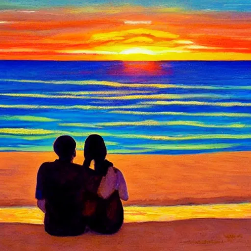 Prompt: Sunset at the beach, golden hour, majestic painting, couple sitting facing the sunset, holding hands