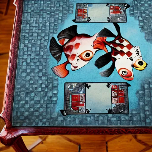 Image similar to two fishes sitting at a table playing cards at the bottom of the sea, the table has a checkered table cloth, lowbrow surrealistic, in the style of mark ryden,