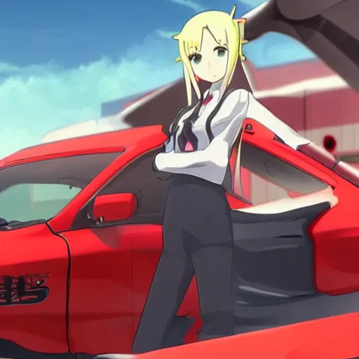 Image similar to zero two from darling in the franxx driving a dodge ram