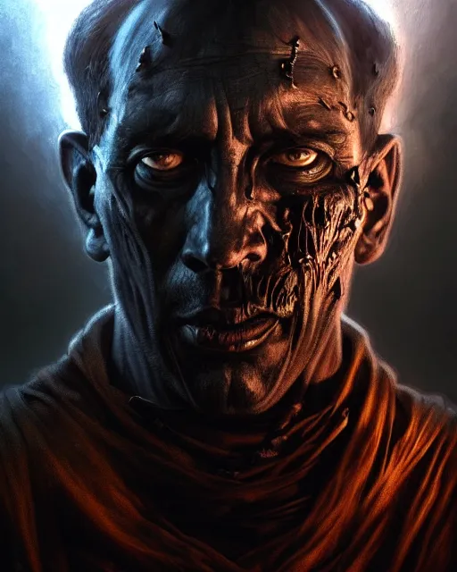 Image similar to realistic wide angle portrait of an evil bishop, dark magic, heroic pose, full body, dramatic lighting, dark and horror, dust and blood, intricate, wild, highly detailed, digital painting, artstation, concept art, smooth, sharp focus, illustration, art by artgerm and greg rutkowski and alphonse mucha, footage from space camera