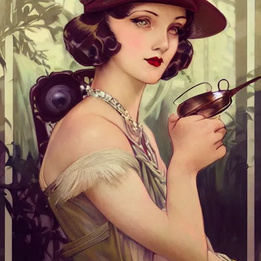 Image similar to 1920s girl ready for fancy afternoon tea with friends, highly detailed, digital painting, cgsociety, concept art, sharp focus, illustration, art by artgerm and greg rutkowski and alphonse mucha