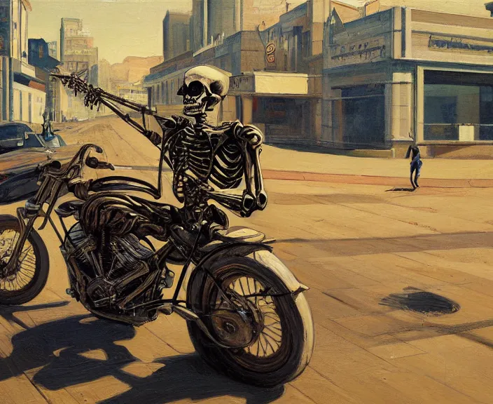 Image similar to a very detailed painting of a skeleton wearing a suit, riding a motorbike down a street, harley davidson motorbike, worm's - eye view, very fine brush strokes, very aesthetic, very futuristic, in the style of edward hopper and grant wood and syd mead, 4 k,