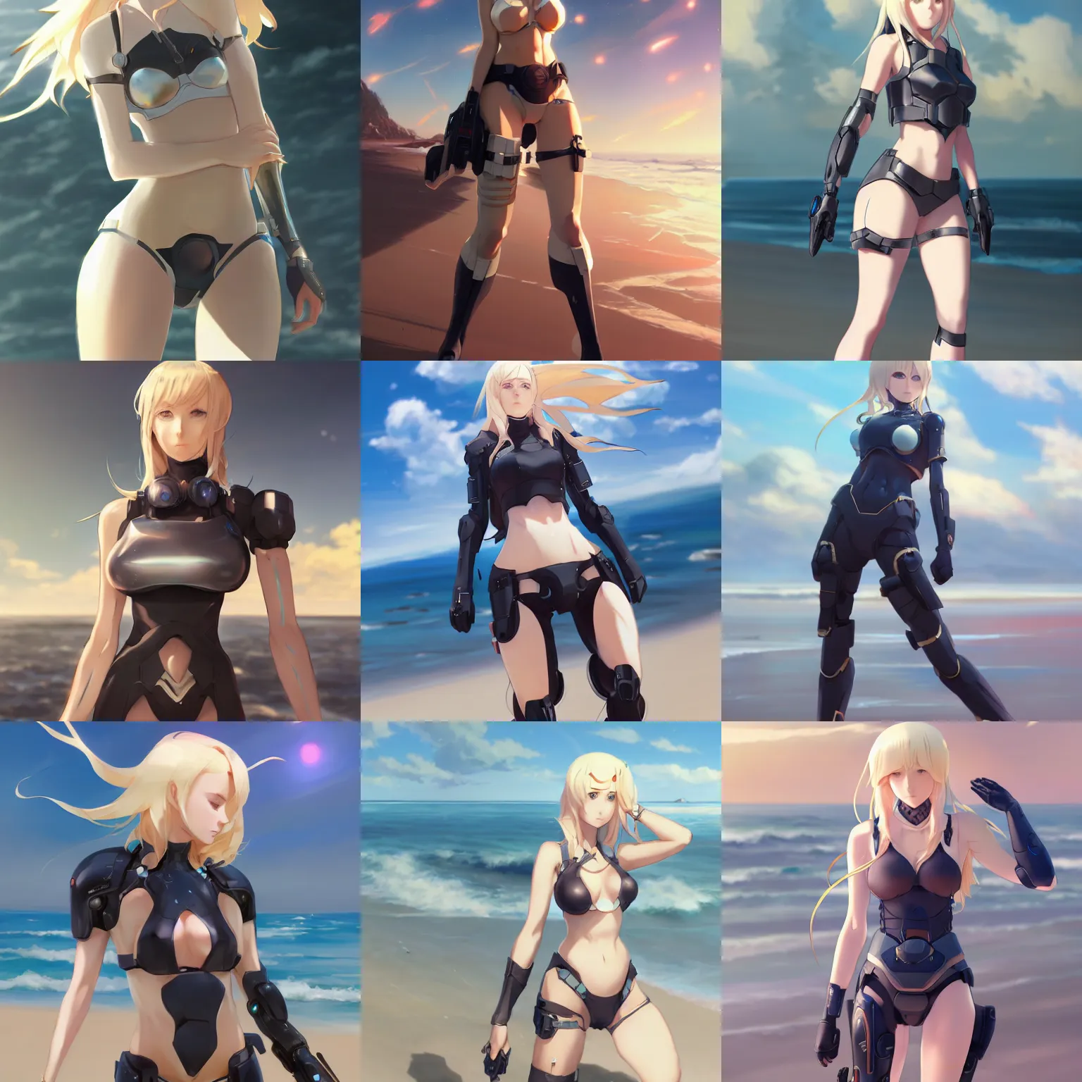 Prompt: 25 year old blonde woman on a beach in a futuristic sci-fi body armor, makoto shinkai, Krenz Cushart, very detailed, matte, tone mapping, bbwchan, 4K