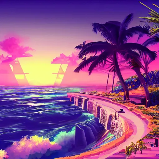 Prompt: a ancient pathway over the sea, vaporwave, retrowave epic art, trending on art station